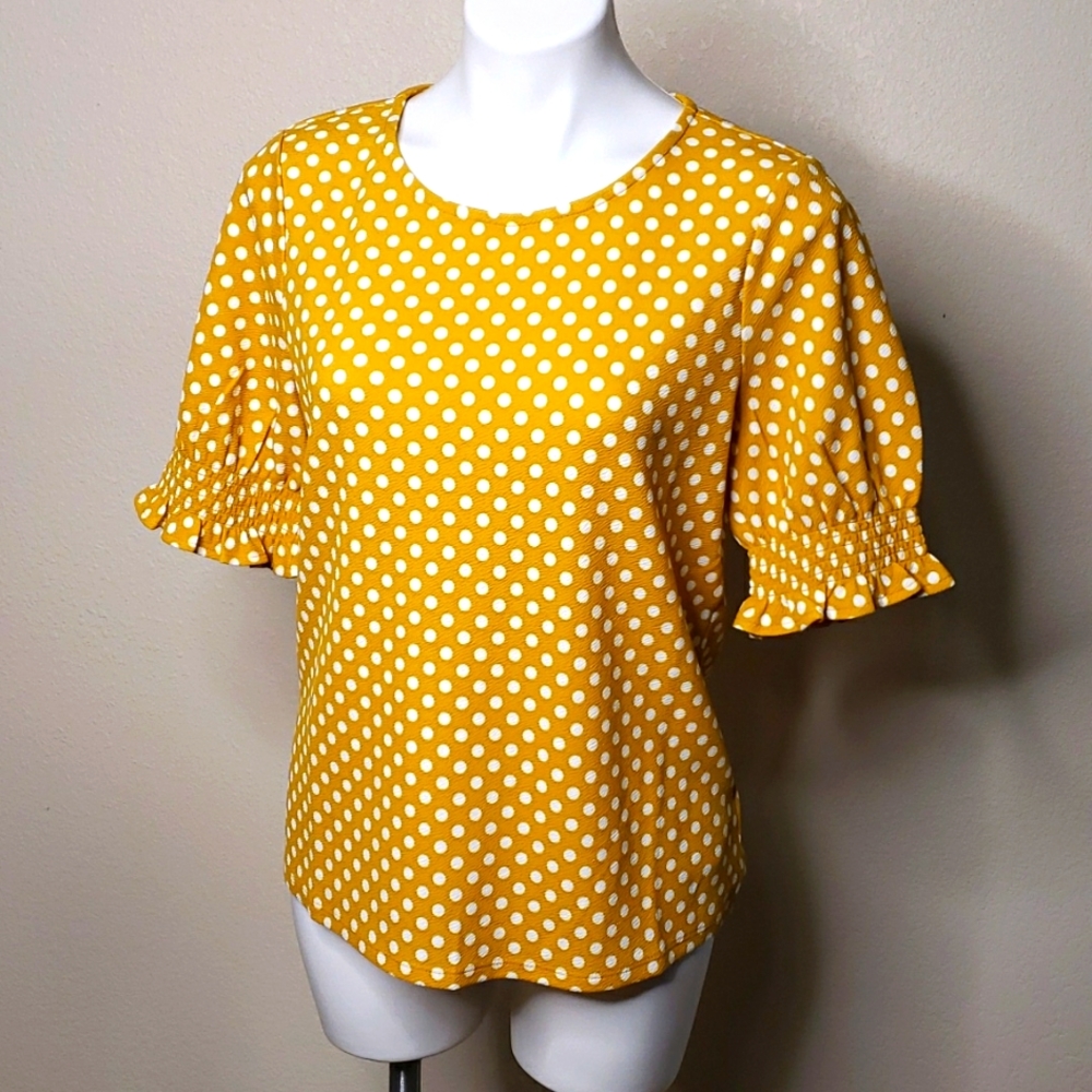 Adrianna Papell Polka Dot Womens Top Sz M, Yellow/white
